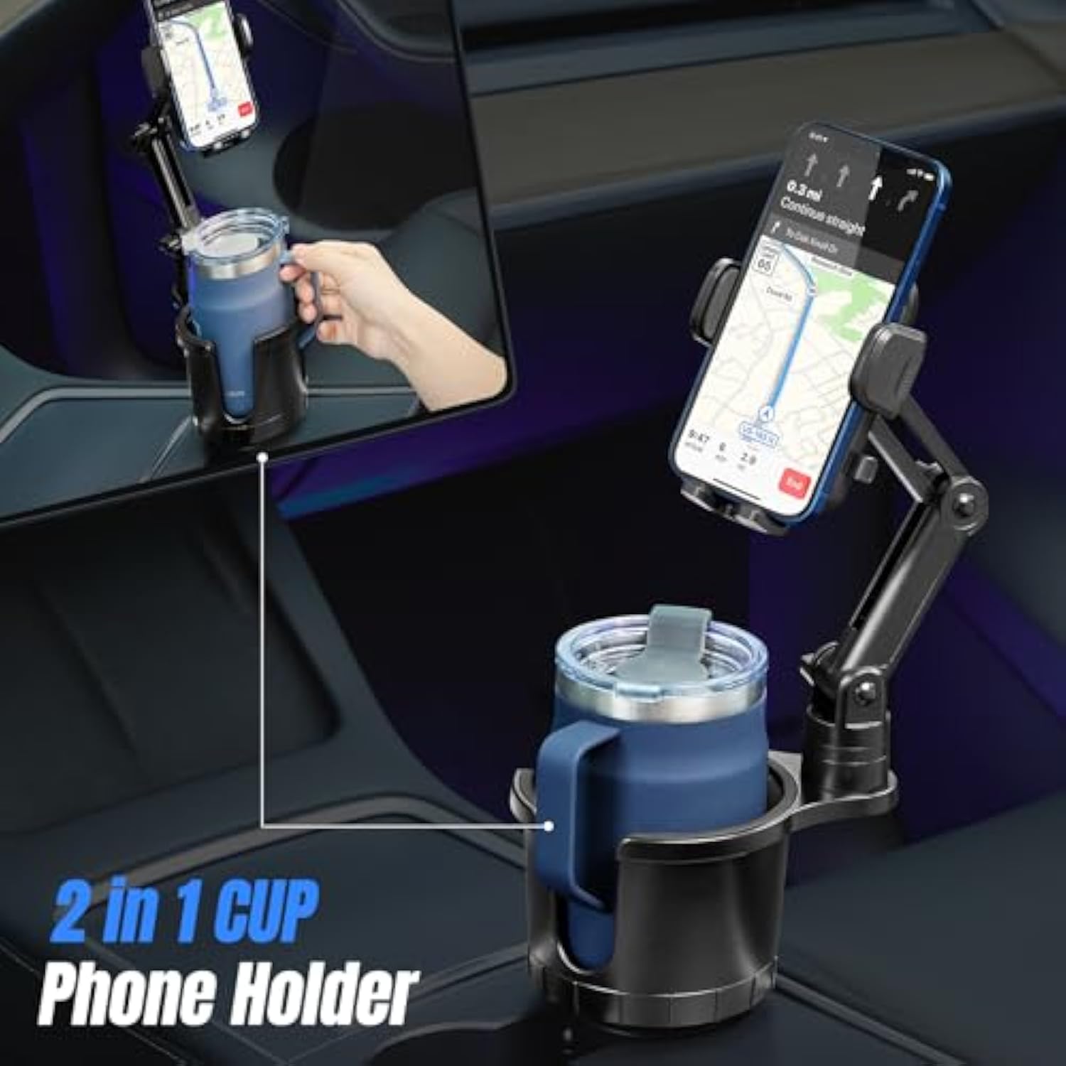 Cup Holder Phone Mount For Car,Upgraded 2 In 1 Car Cup Phone Holder Expander With Adjustable Base,360 Degree Rotation, Cup Phone Holder For Car Compatible Iphone,Samsung & All Smartphones