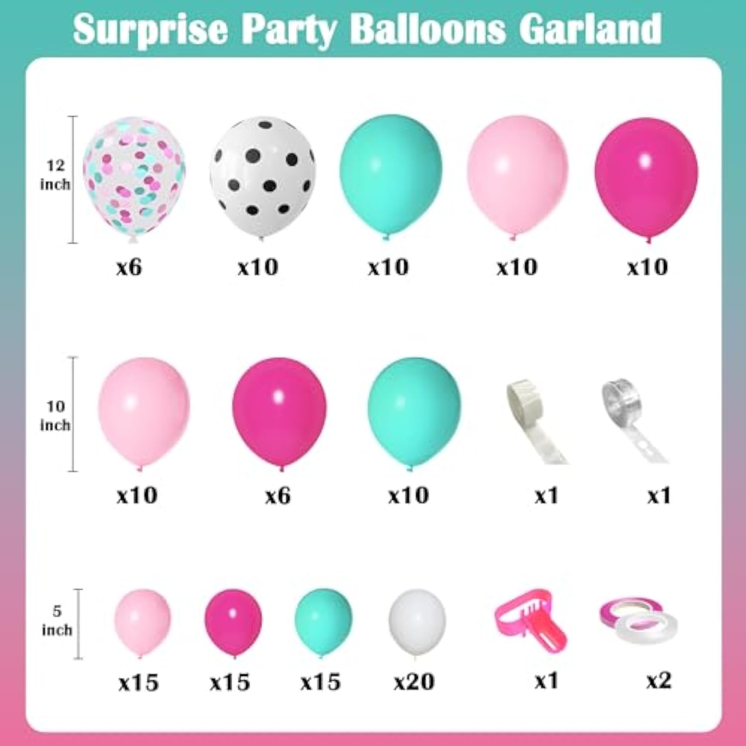 142Pcs Surprise Party Balloon Arch Kit, Rose Red Pink Blue Confetti Balloons & Tools