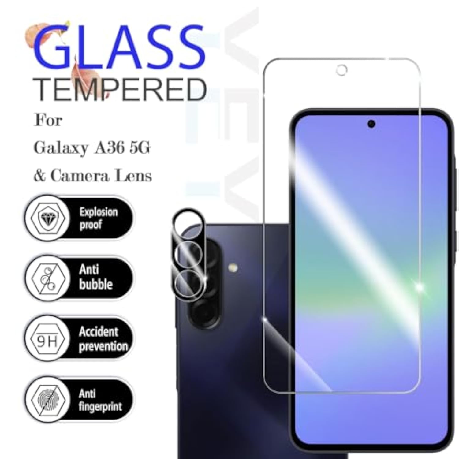 Galaxy A36 Hd Clear Tempered Glass Screen Protector + Camera Lens Protectors, [2+2 Pack] [3D Glass] [Anti-Glare] [Bubble-Free] Screen Protector Glass For Samsung Galaxy A36