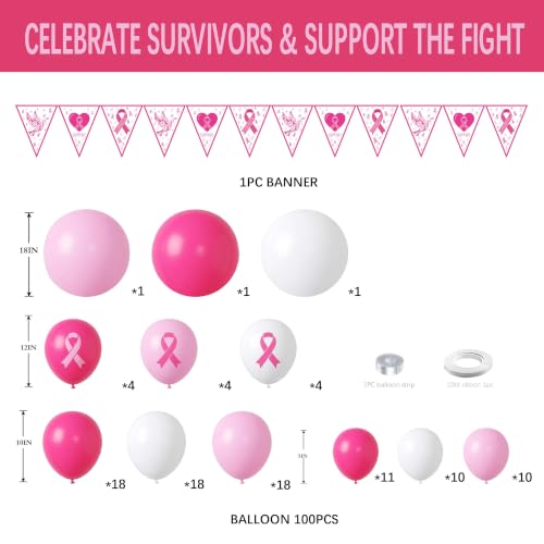 101 Pcs Breast Cancer Awareness Decorations Balloon Arch Kit, Pink Ribbon Printed Latex Balloons with Pennant Banner Garland for Survivor Party Supplies, October Charity Event and Fundraiser Decor