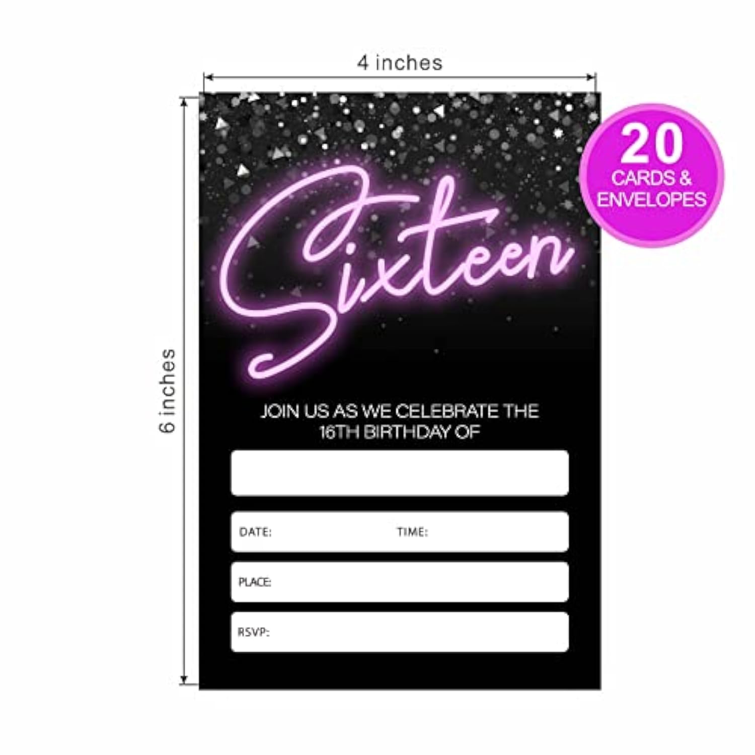 Neon 16Th Birthday Invitations, Glow Theme Birthday Party Invites Decorations, Kids Adults Birthday Party And Events Supplies, 20 Fill-In Invites Cards With Matching Envelopes?Yqk-023?