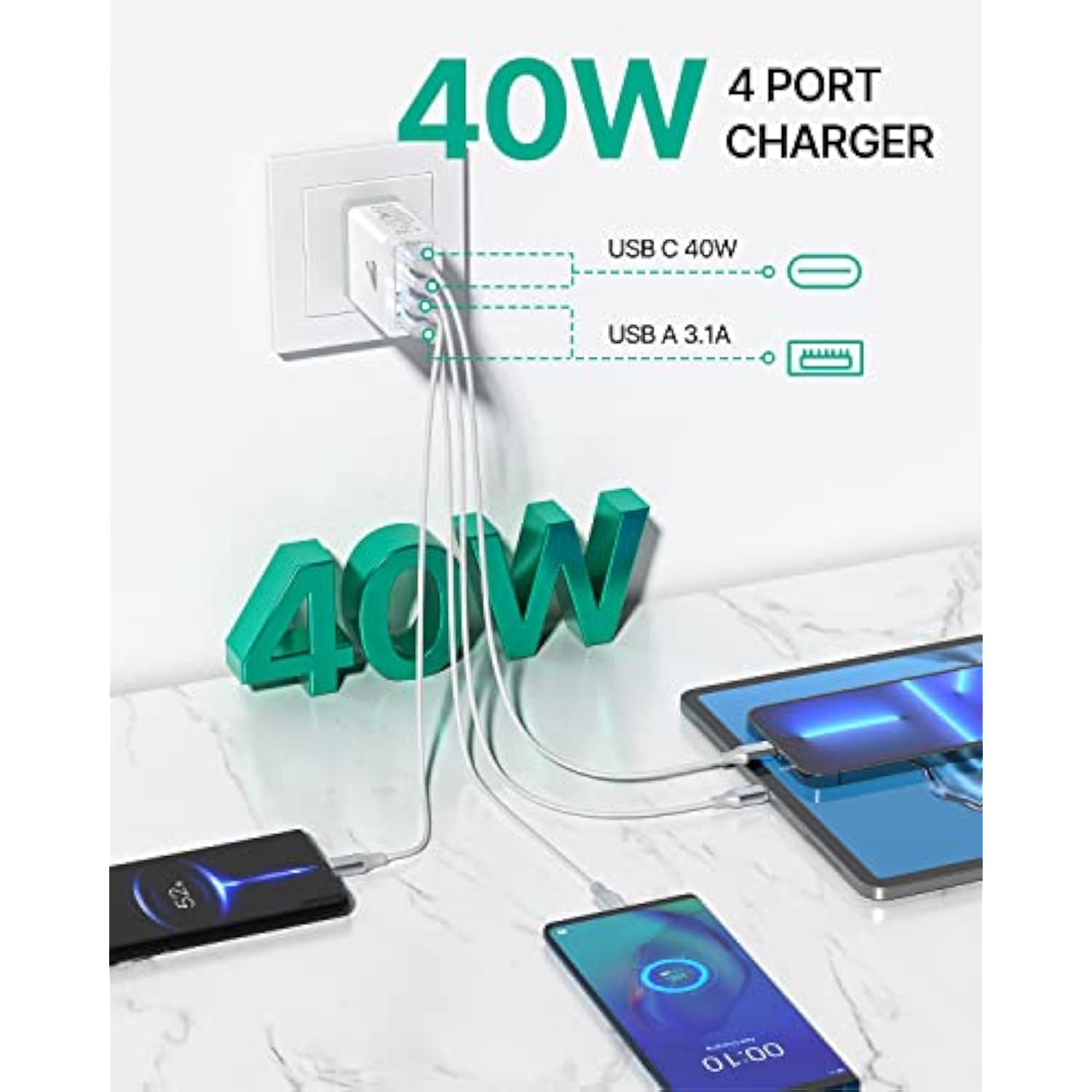 [2-Pack] Usb C Wall Charger, 40W Fast Usb C Charger, 4-Port Qc+Pd 3.0 Power Adapter Double Fast Wall Plug Type C Charging Block For Iphone 15/14 Pro Max/13/12 Mini/11/Xs/Xr,Tablet, Cube