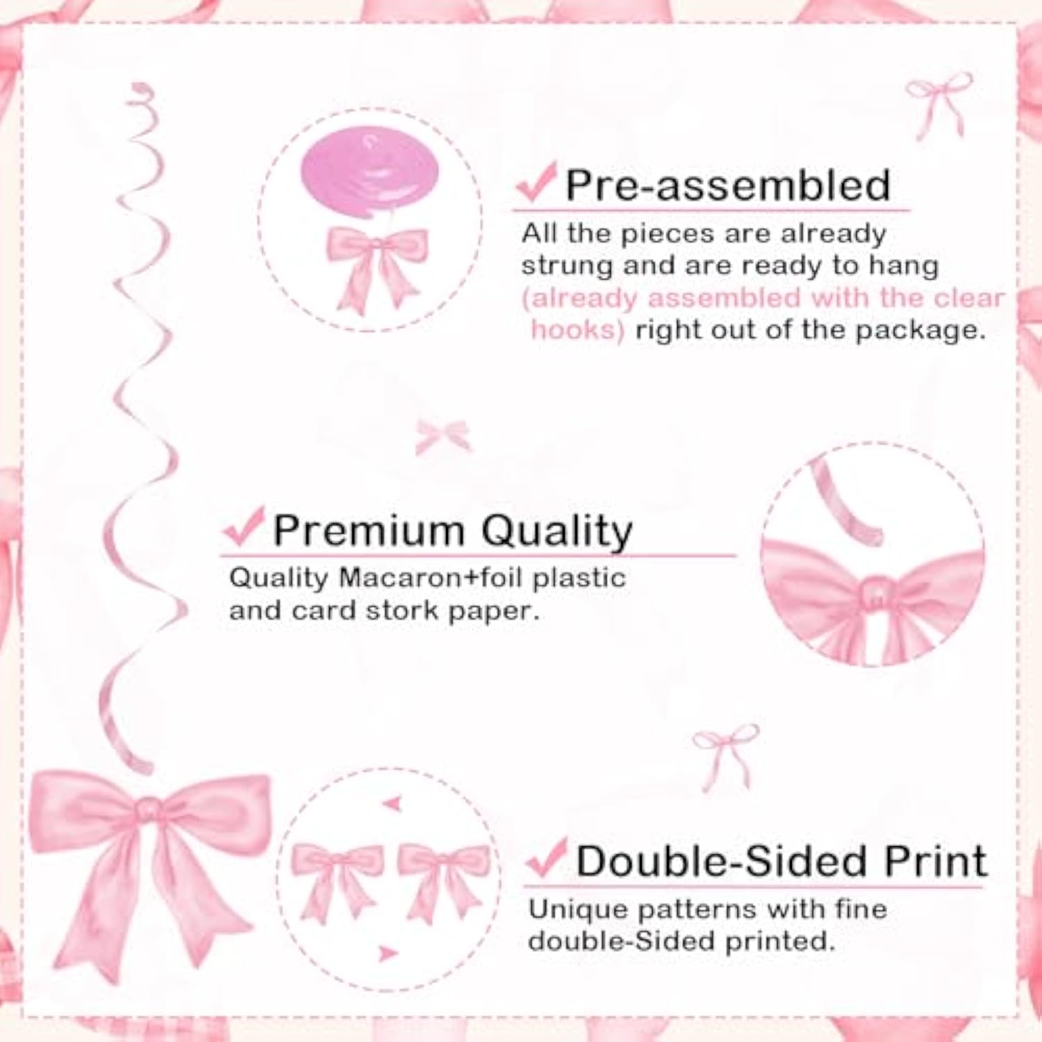 20Pcs Pink Bow Hanging Swirls, Girl Birthday Baby Shower Bachelorette Decor