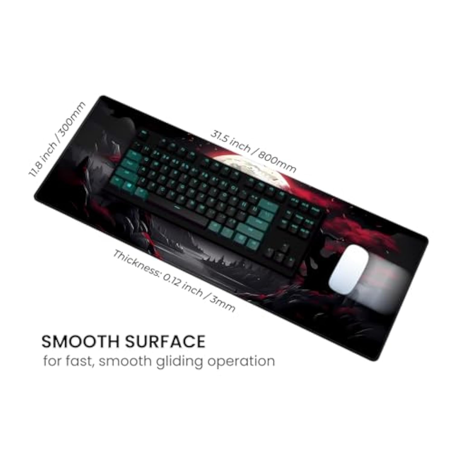 Large Gaming Mouse Pad, Full Keyboard Mat, Long Laptop Mousepad, Computer Mouse Mat For Home And Office, Anti-Slip Rubber Base, 31.5 X 11.8 Inches (Dark Red Moon)