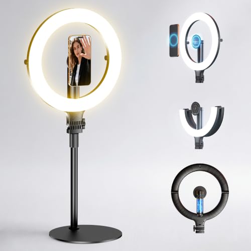 10.2 Magnetic Desk Ring Light with Stand, 5000mAh Rechargeable Desktop Ring Light for Phone?3 Color Foldable Selfie Light for Live