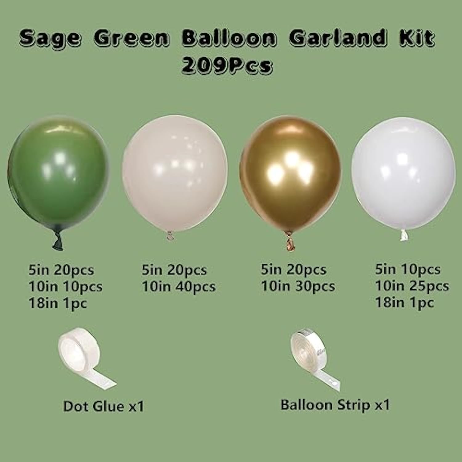 207Pcs Sage Green Balloons Garland Arch Kit, With Olive Green White Metallic Gold Balloons For Wedding Bridal &Baby Shower Bachelor Baptism Birthday Party Decorations Supplies