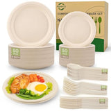 Compostable Paper Plates Set 250Pcs Heavy-Duty Sugarcane Biodegradable Dinnerware