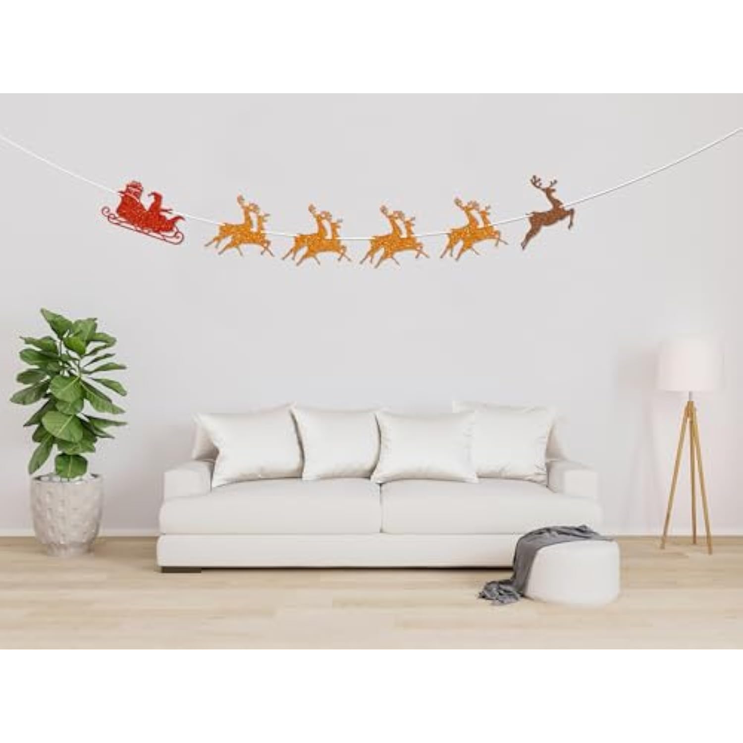 Sleigh And Reindeer Glitter Banner, Christmas Santa In His Sleigh With Reindeer Garland, Merry Christmas Party Decoration