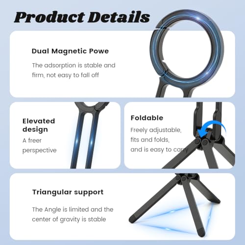 Magnetic Phone Tripod Foldable Aluminum Mini Tripod for i-Phones, Magnetic Pocket Phone Tripods Quick Mount Compatible with Mag-Safe for i-Phones