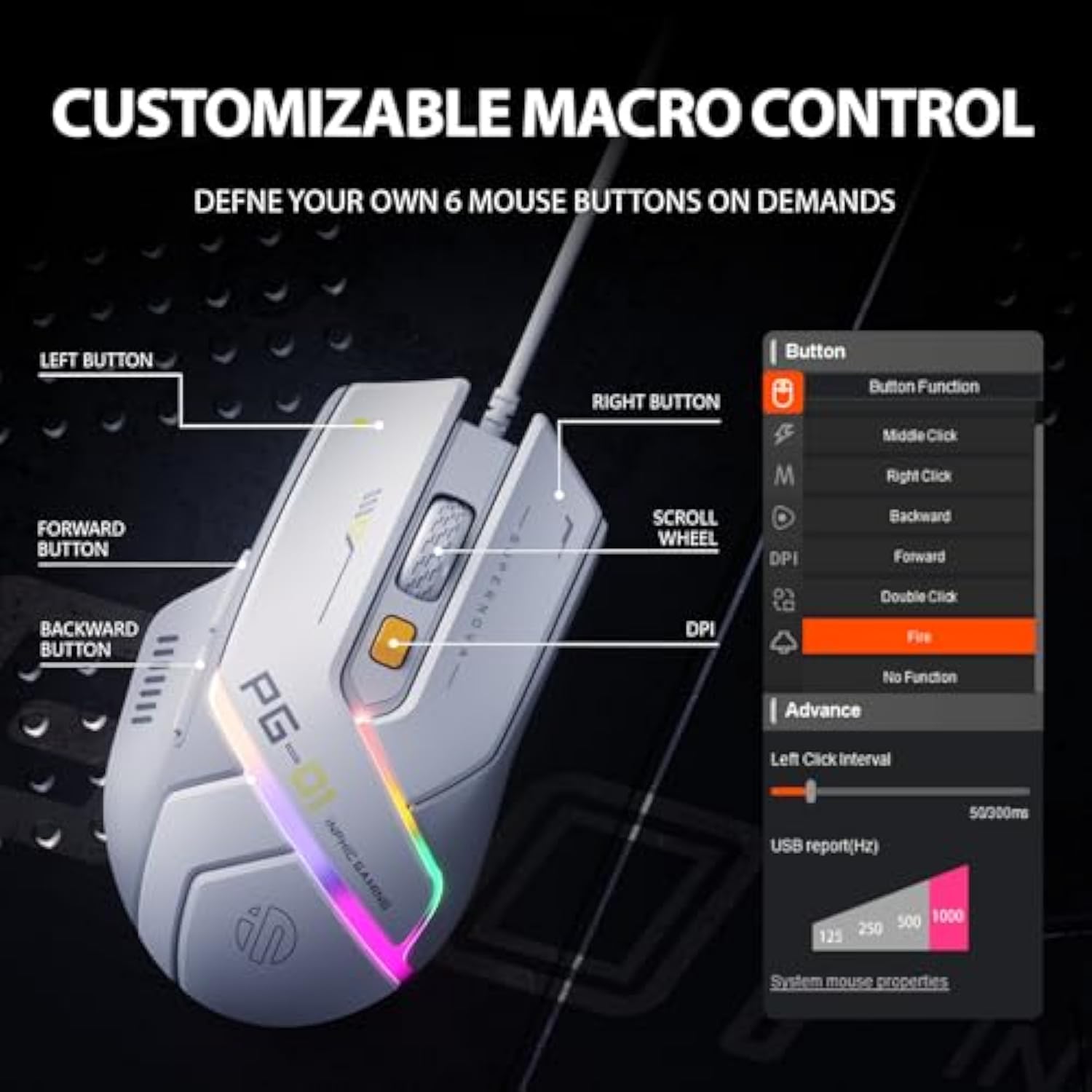 Pg1 Wired Computer Gaming Mouse Ergonomic, 12800 Dpi High-Precision, 6 Programmable Buttons, Rgb Backlit For Gaming - White Gray