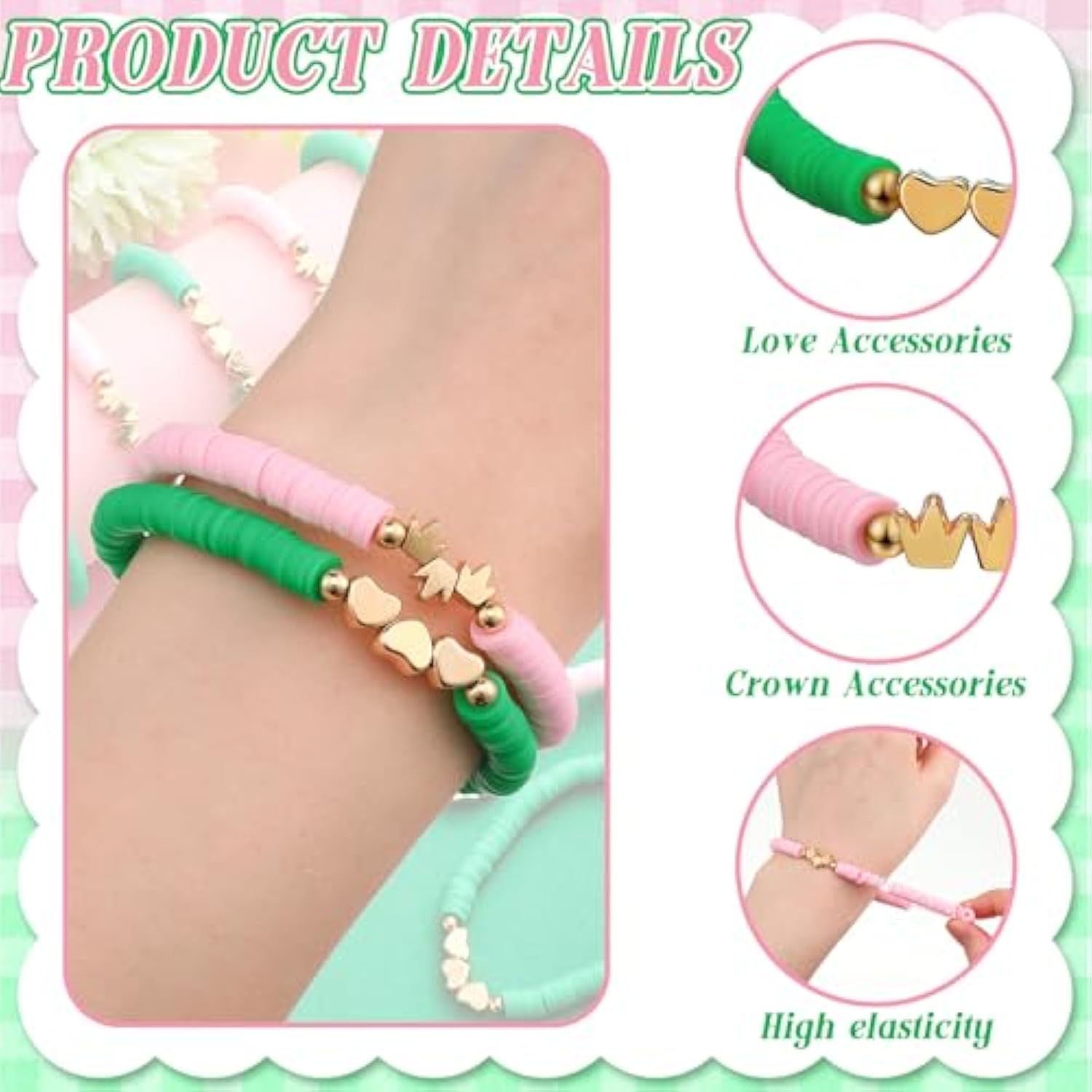 24 Pcs Pink Green Witch Party Favors Gifts Bracelets Polymer Clay Beaded Friendship Bracelets For Witch Party Gifts