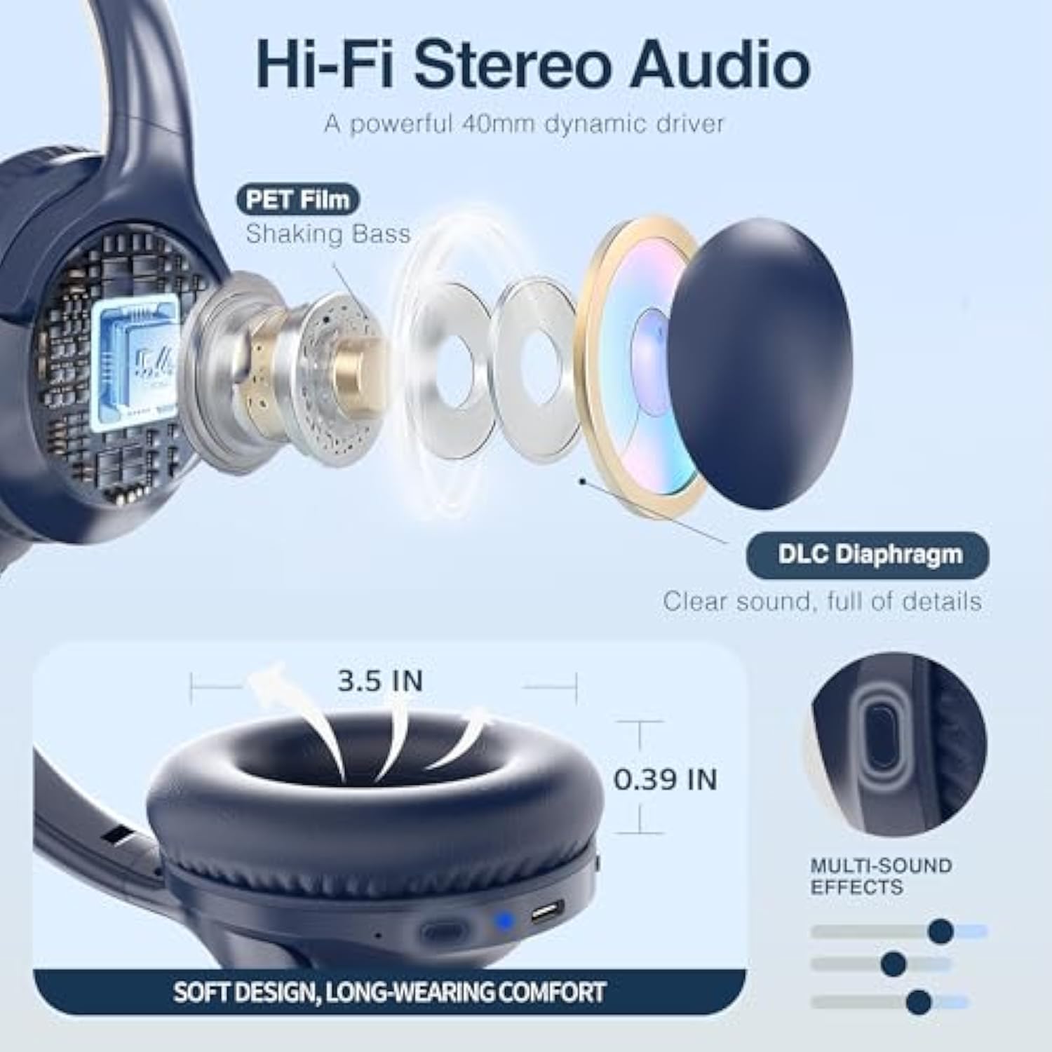 Bluetooth Headphones Over Ear 68H Playtime 6 Eq Wireless Headset With Microphone Hifi Stereo Foldable Lightweight Deep Bass For Travel Home Office Cellphone Blue