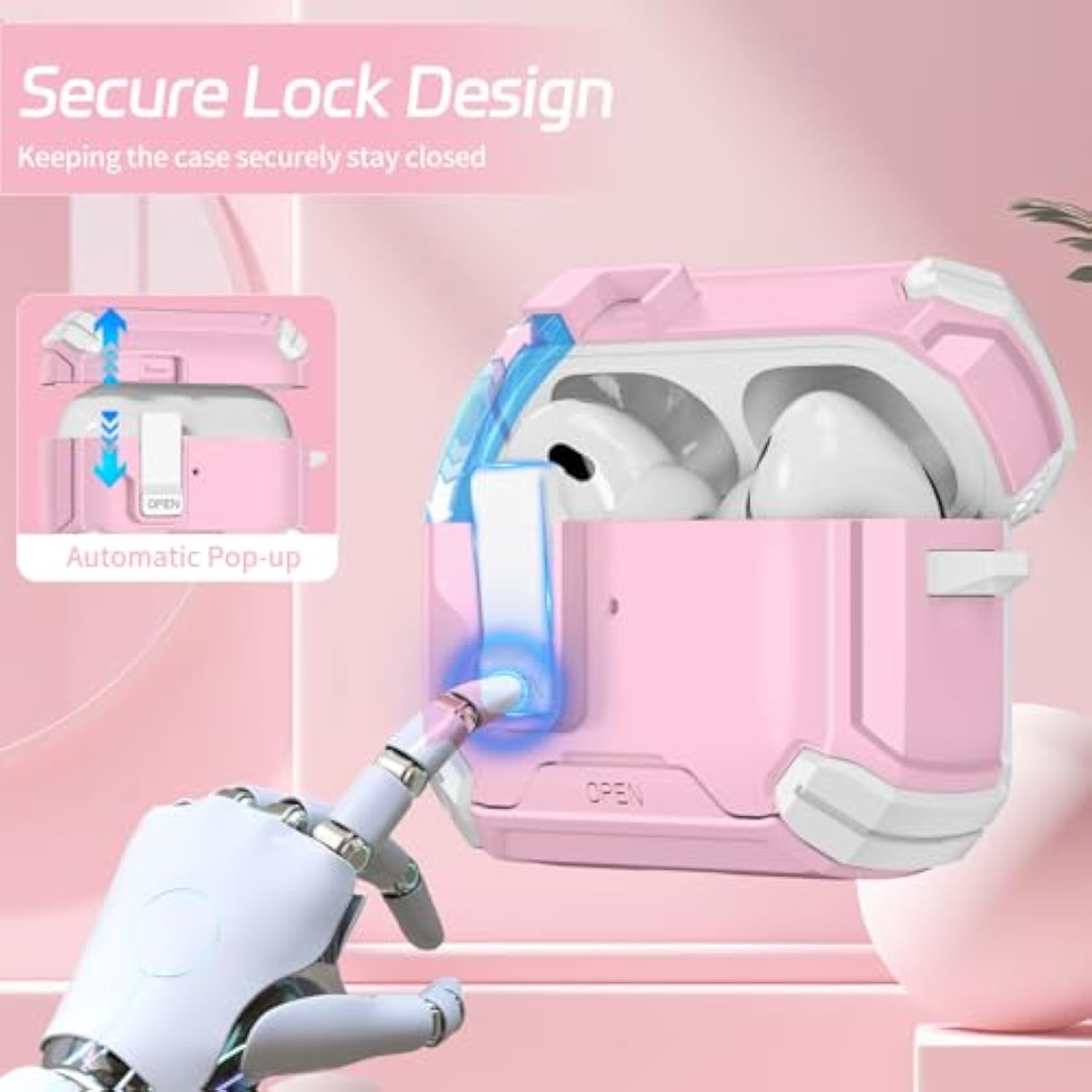 For Airpods Pro 2 Secure Lock Case With Phone Stand, Compatible With Magsafe, Case Cover For Apple Airpods Pro 2Nd/1St Generation With Cleaner And Keychain, Auto-Open (Pink)