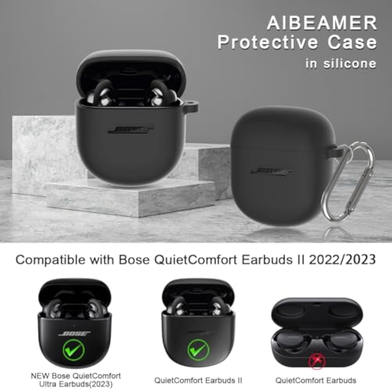 Silicone Case For Bose Quietcomfort Earbuds Ii (2022) & Quietcomfort Ultra Case (2023), Shockproof Protective Cover For Bose Earbuds Accessories With Keychain For Men Women (Black)