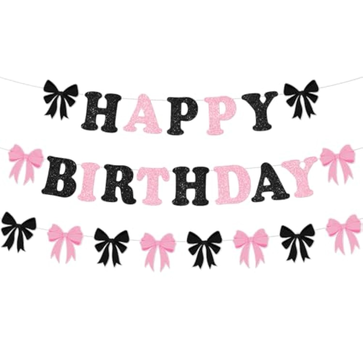 Pink & Black Bow Birthday Decorations Glitter Banner & Garland for Parties