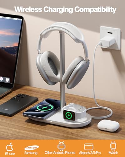 Headphone Stand, 2-in-1 Wireless Charger for iPhone/ Watch, Aluminum Alloy Rod, Minimalist Desk Organizer, White