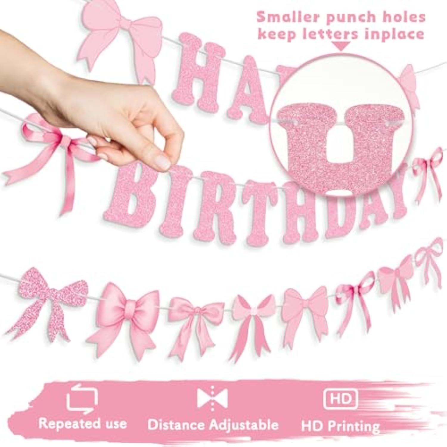 Pink Bow Happy Birthday Banner, Pink Bows Garland Banner Coquette Birthday Party Decorations For Girls Women Baby Showers Bow Theme Party