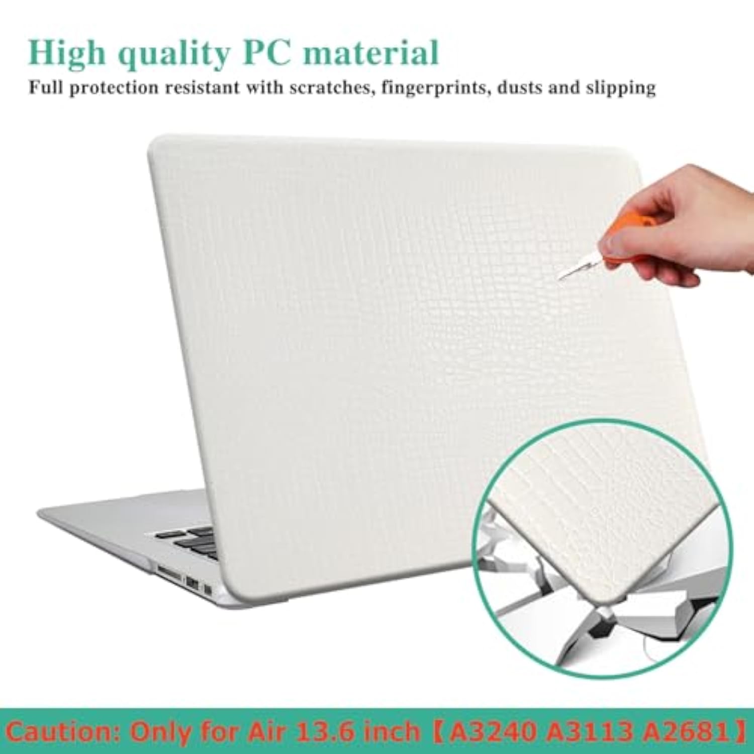 Compatible For Macbook Air 13.6 Inch Case 2022 2023 2024 Release M3 A3113 M2 A2681 With Touch Id, Crocodile Leather Hard Shell Vegan Alligator Cover Snake Skin Case & Keyboard Cover, White
