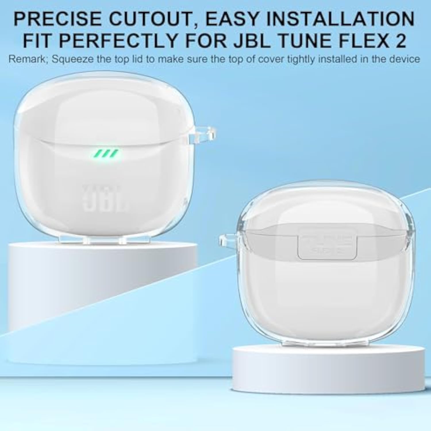 JBL Tune Flex 2 Earbuds Clear Case Protective TPU Skin with Carabiner and Cleaning Pen