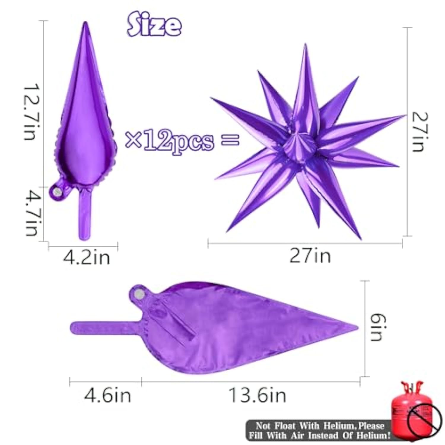 60 Pcs Purple Star Balloons, 12 Point Cone Explosion Star Foil Balloons For Birthday, Halloween, Bridal Shower, Wedding, Graduation Decorations (Purple)