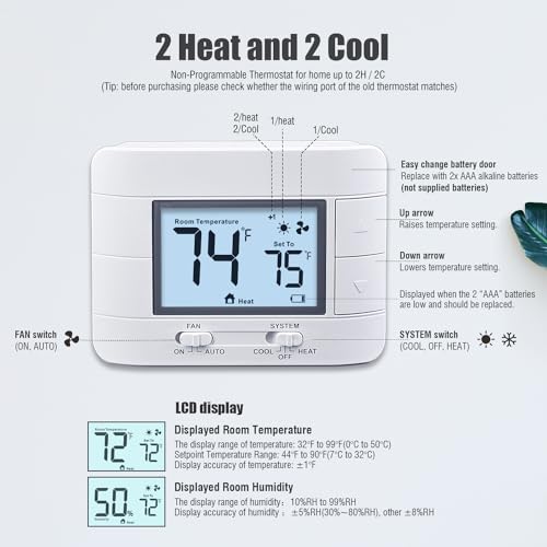 Non Programmable Thermostat For Home 2 Heat 2 Cool Multistage System, With Room Temperature & Humidity Monitor (Lcd White Backlit Screen)
