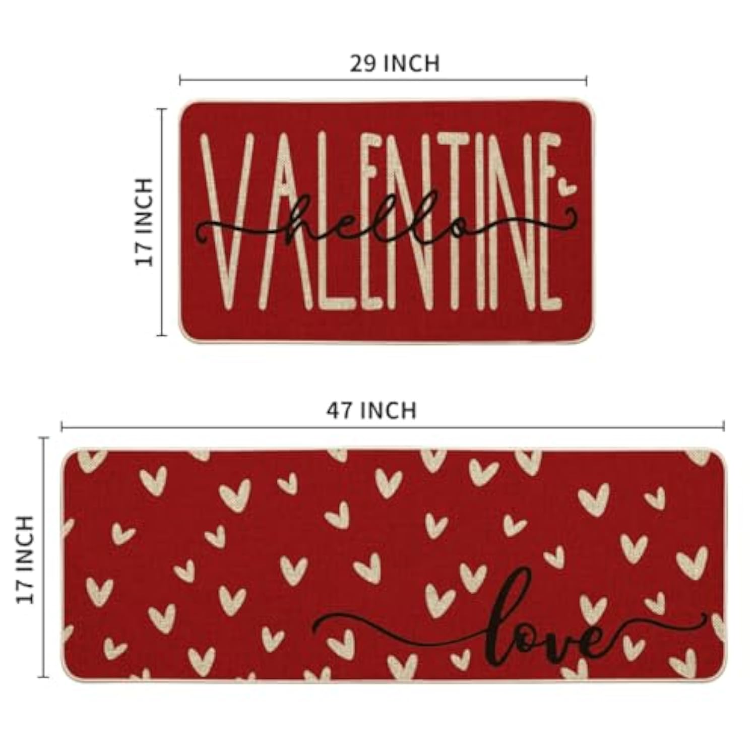 Red Love Heart Hello Valentine'S Kitchen Mats Set Of 2, Home Decor Low-Profile Kitchen Rugs For Floor - 17X29 And 17X47 Inch