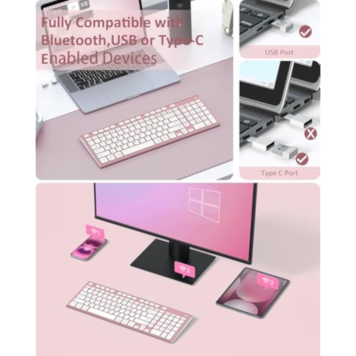 Wireless Keyboard, Bluetooth + Usb Ergonomic Silent Quiet Rechargeable With Number Pad Cute Compact Full Size Multi Device Keyboards For Ipad Tablet Mac Computer Surface Pc Macbook Laptop Pink