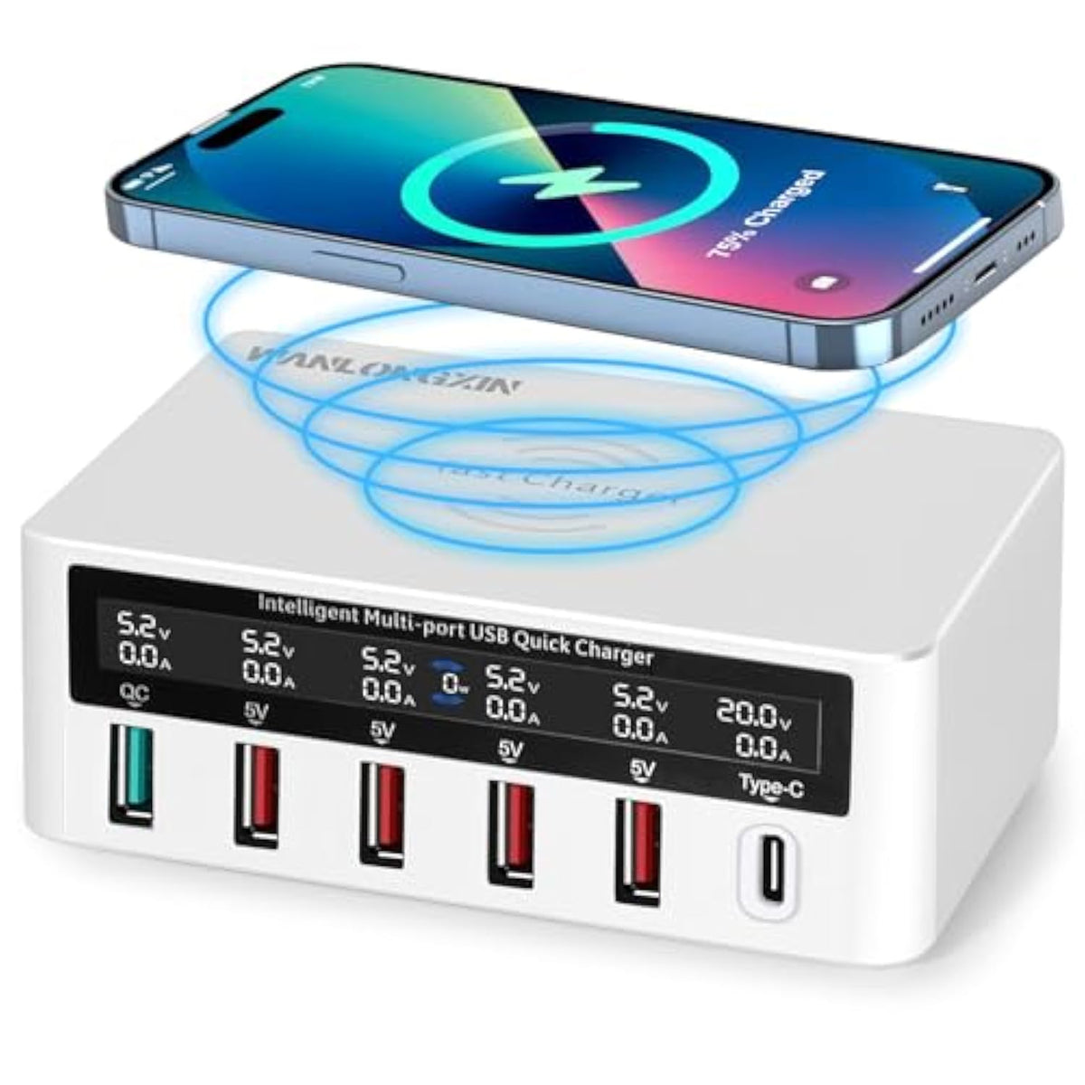 100W Usb Charging Station 6-Port With Wireless Charger, 5 Usb-A & 1 Usb-C Multi Device Charger Hub For Iphone Samsung Phones Tablets,Qi Charging Pad