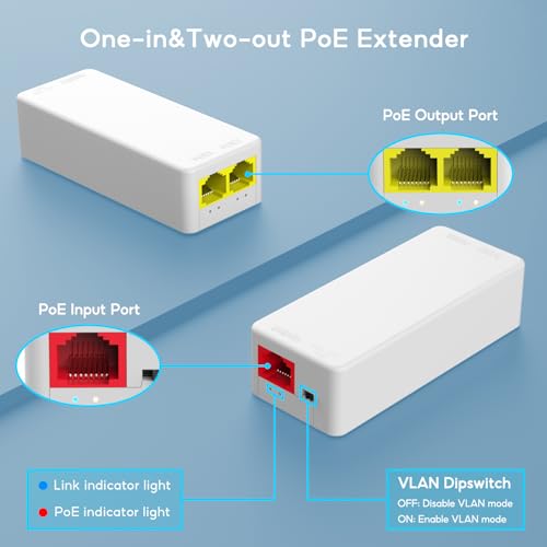 2 Port Poe Extender 100Mbps, Ieee 802.3 Af/At Repeater, 1 In 2 Out, Plug And Play, Wall Mount Passthrough Switch For Security Systems Ip Camera