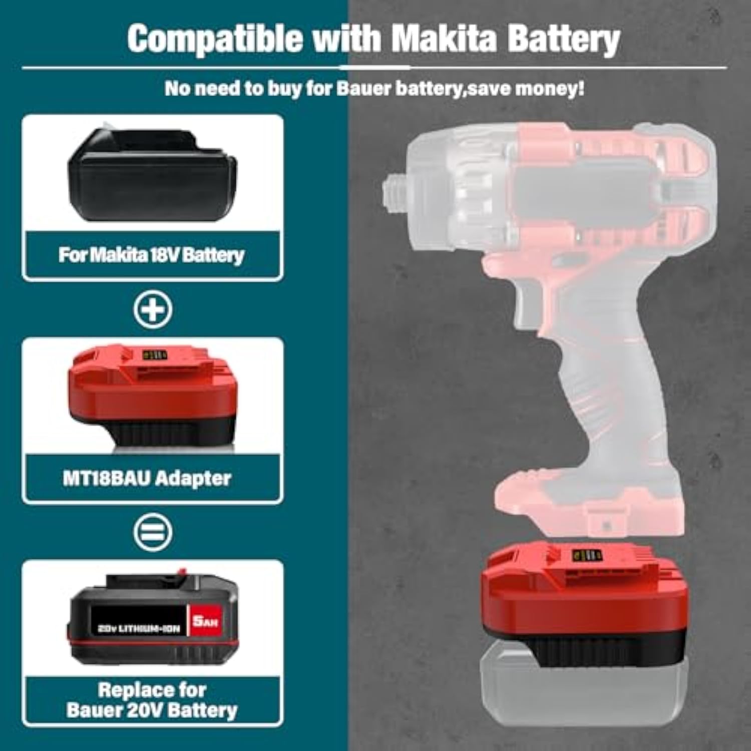 Adapter For Bauer 20V Cordless Tools Fits For Makita 18V Li-Ion Battery Converter, Use For Bauer 20V Battery Cordless Power Tools (Adapter Only)