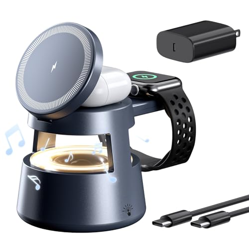 3 in 1 Charging Station,Magnetic Wireless Charger with Night Light & Speaker for Apple MagSafe Charger Stand,Foldable Nightstand Charging Station for