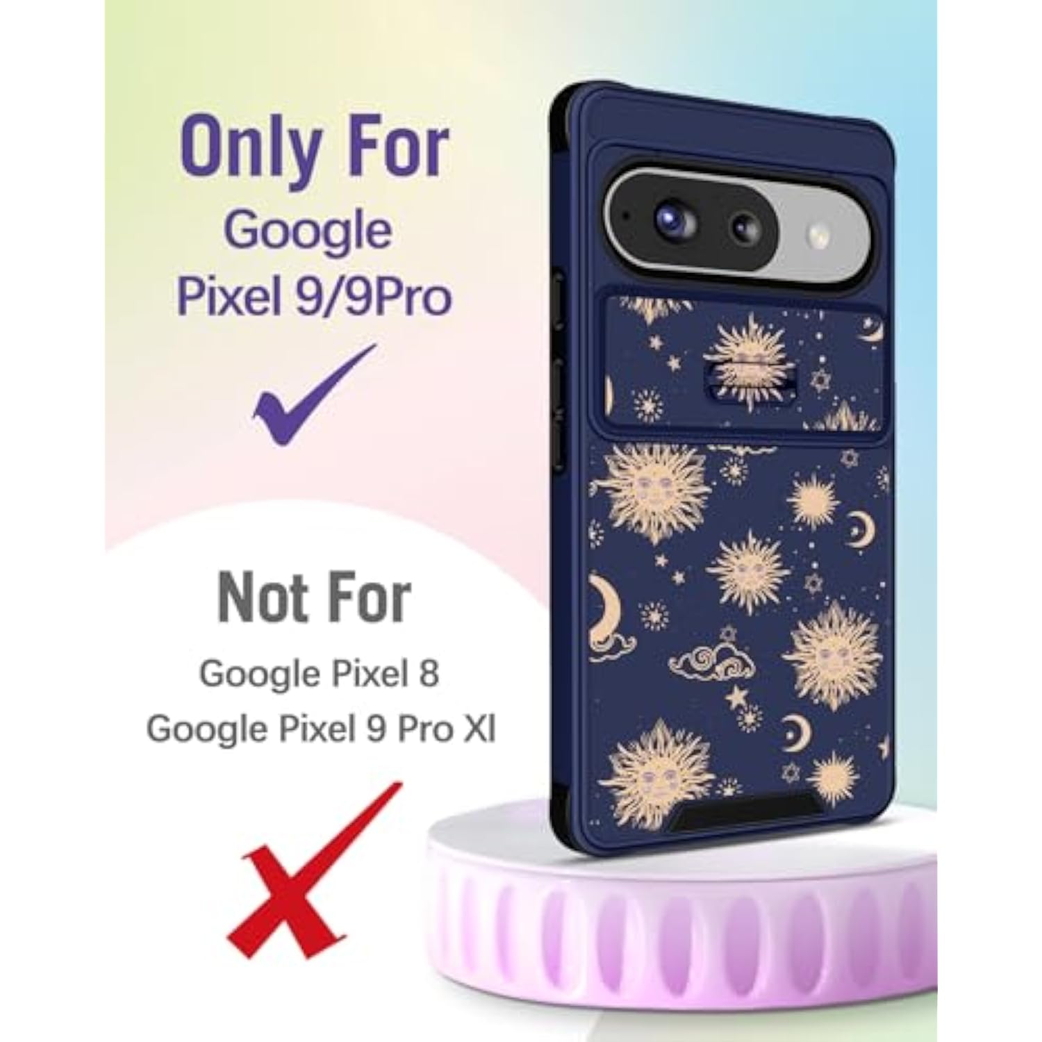 For Google Pixel 9 Case/Pixel 9 Pro Case - With Ring Stand & Camera Cover Aesthetic Cute Designed Women Girls Girly Kawaii Sun Moon Stars For Pixel 9/9 Pro Phone Case Compatible With