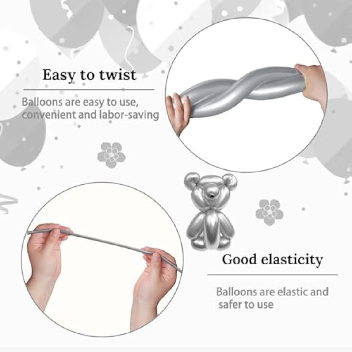 260 Metallic Silver Long Balloons 100pcs for Garland Twisting Party Decor