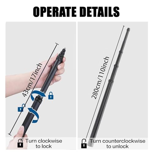 110"/2.8m Carbon Fiber Invisible Selfie Stick,9.2ft Extended Super Long Pole for Insta360 X5/X4 Insta 360 X3 ONE X2, ONE R, ONE X, ONE GO 3S 3 2