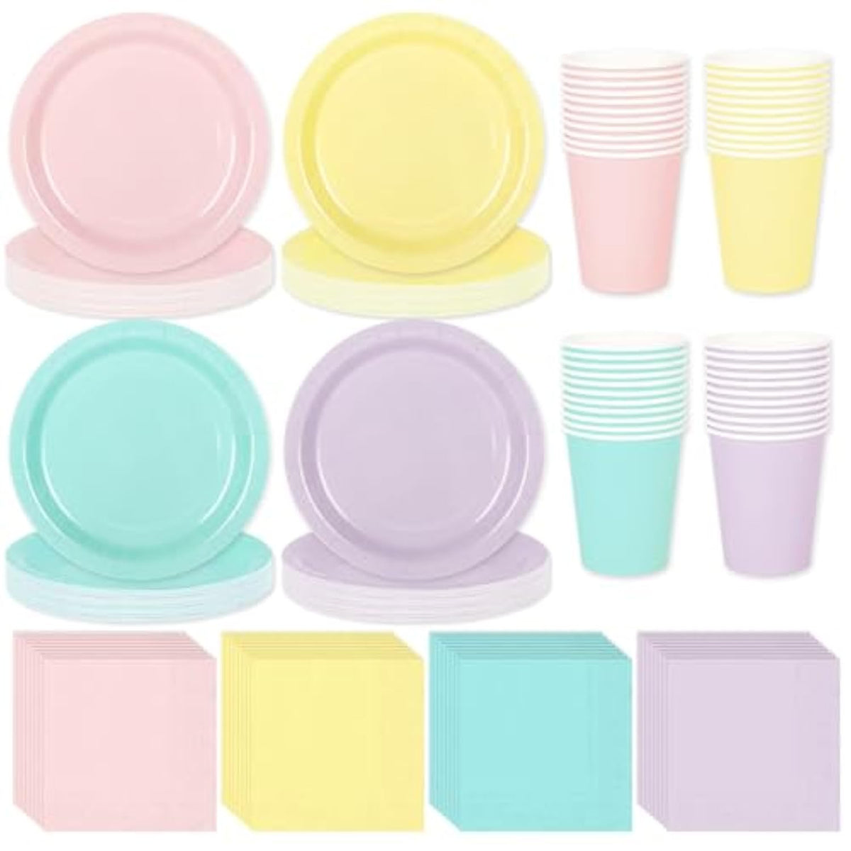 244Pcs Pastel Dinnerware Set for 48 – Plates, Cups, Napkins in 4 Colors
