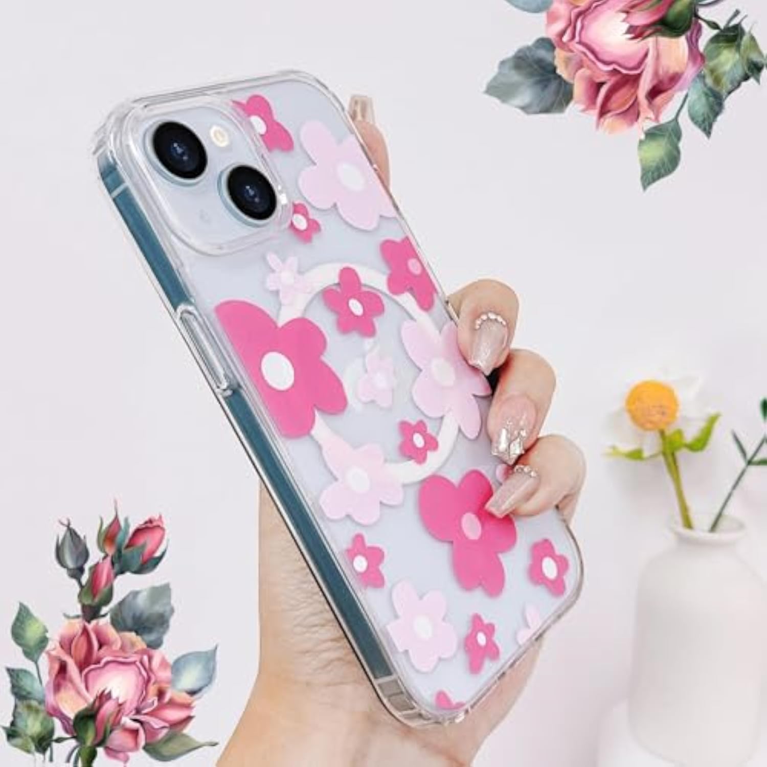 Clear Pink Floral Magnetic Case for iPhone 15