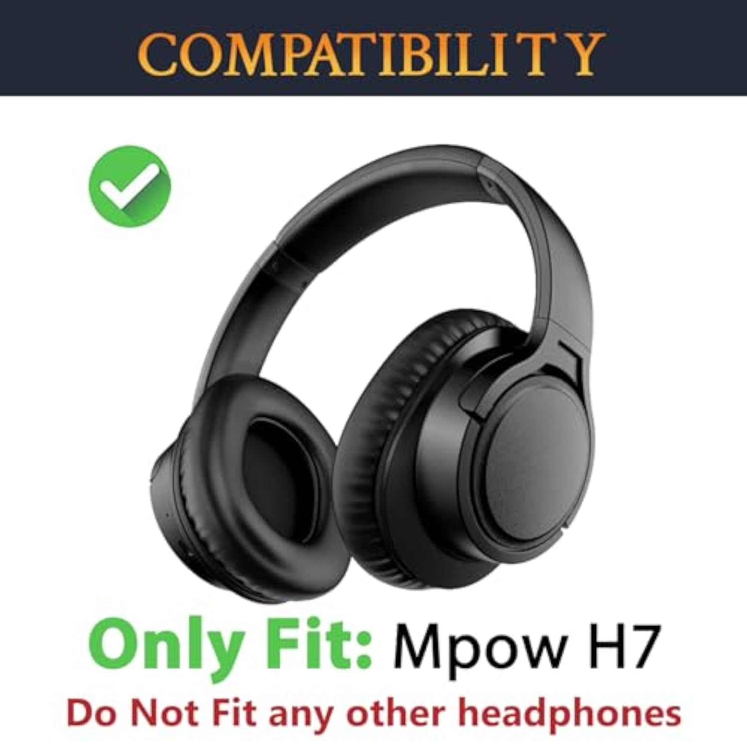 Replacement Earpads For Mpow H7 Bluetooth Headphones, Ear Pads Cushions With Soft Protein Leather, High-Density Memory Foam - Black