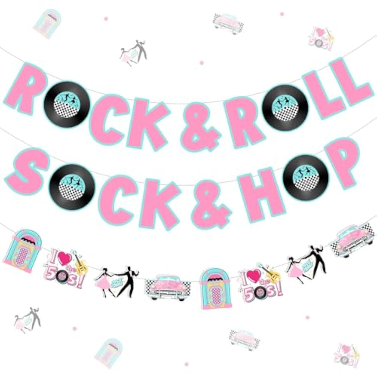 Sock Hop Rock And Roll Banner Garland, 50S Party Decorations, 1950S Theme I Love The 50S Music Themed Birthday Party Supplies Hanging Decors