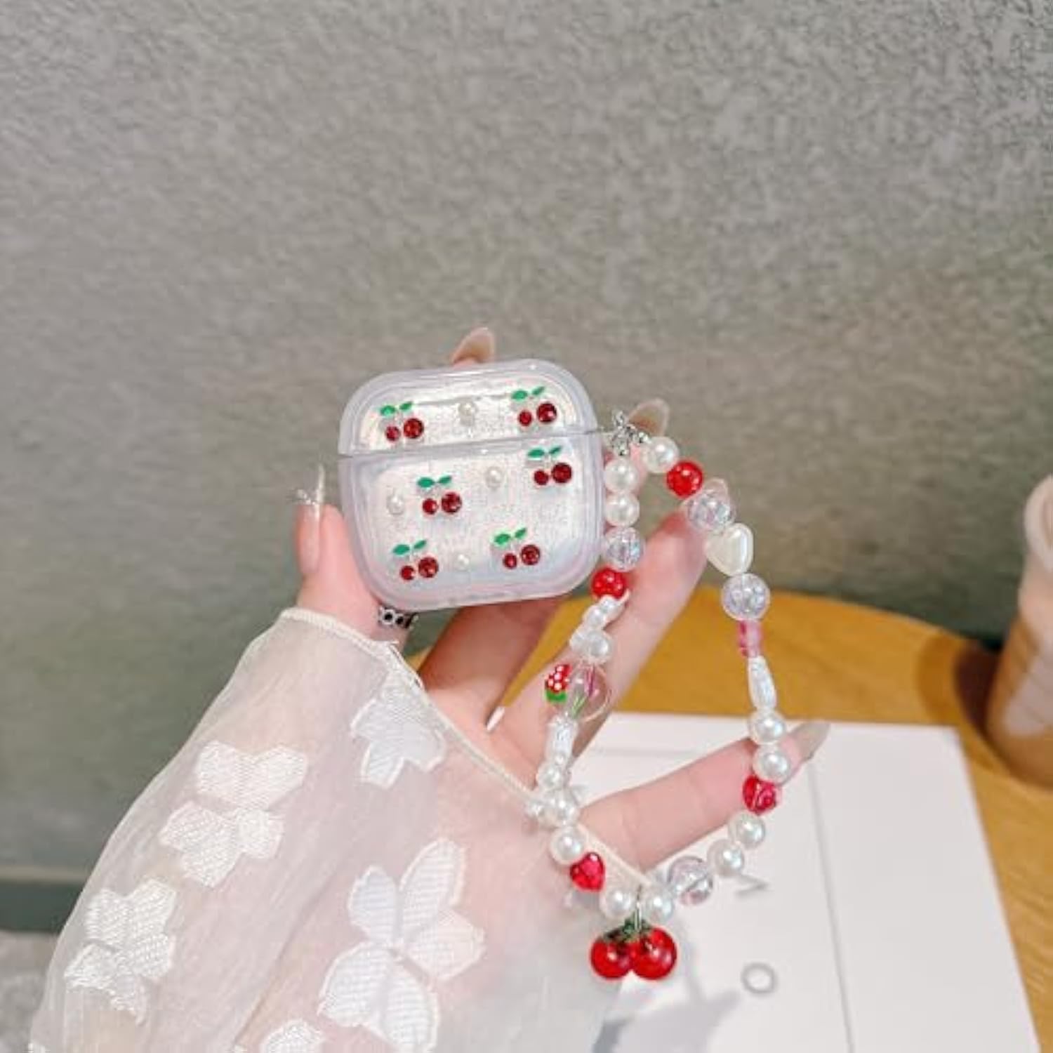 3D Cherry Case With Keychain For Airpods 4,Clear Diamonds Aesthetic Shockproof Cover With Cute Pearl Strap Keychain For Women Girls Protective Cover