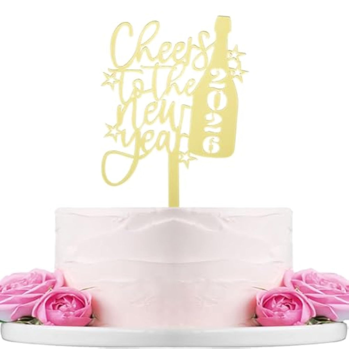 Cheers to New Year 2026 Cake Topper Mirror Gold Acrylic Champagne Stars