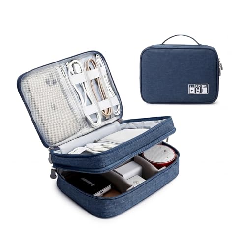 Travel Cable Organizer Bag, Electronic Accessories Case Portable Double Layer Cable Storage Bag For Cord,Phone,Charger, Flash Drive, Phone, Sd Card,Personal Items - (Dark Blue)