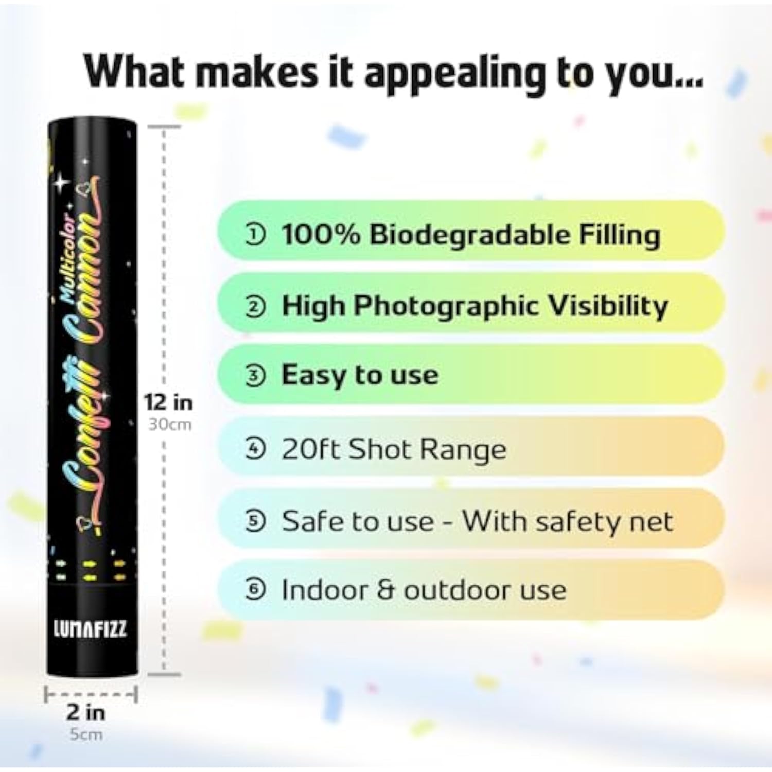 6-Pack 12-Inch Biodegradable Confetti Cannons Multicolor for Parties and Weddings