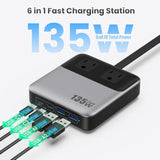 Usb C Charger Block,135W Gan Fast Charging Station Hub,6-In-1 Usb C Power Strip With 5Ft Cord,2 Ac & 2 Usb A & C,Pd 65W Laptop Charger For Macbook Air/Pro,Iphone16/15,Galaxy S24 Etc