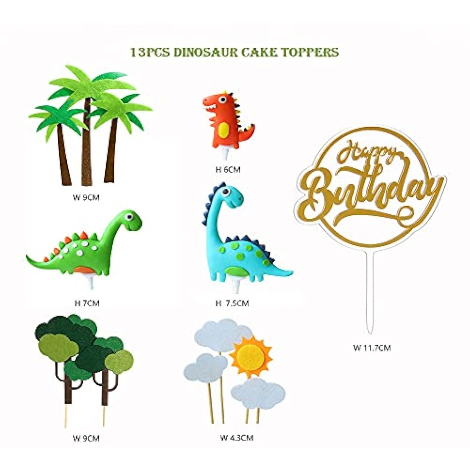 13Pcs 3D Dinosaur Cake/Cupcake Toppers Decorations for Kids' Birthdays/Baby Showers
