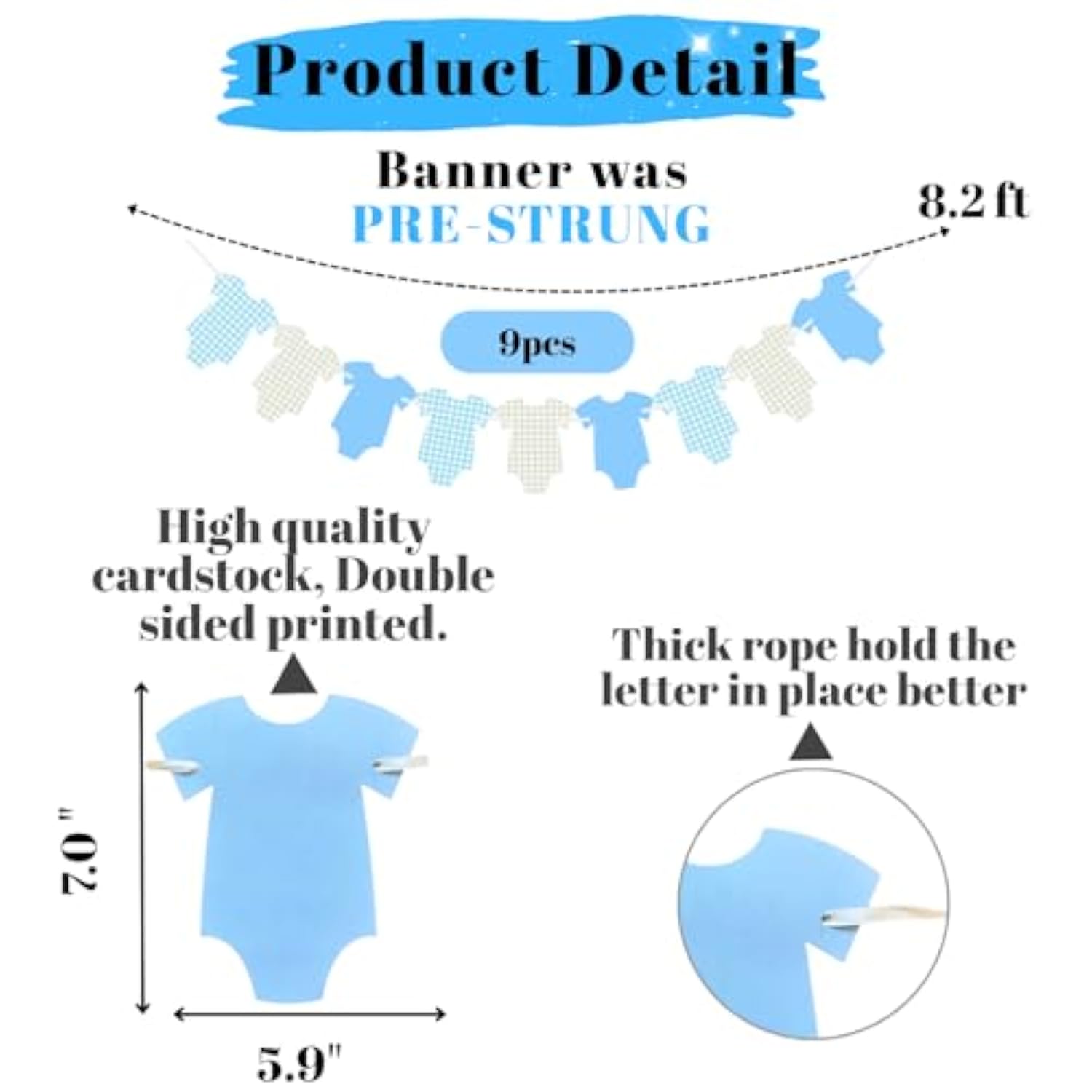 Pre-Strung Blue Gingham Bodysuit Baby Shower Banner - Baby Boy Shower Decorations-