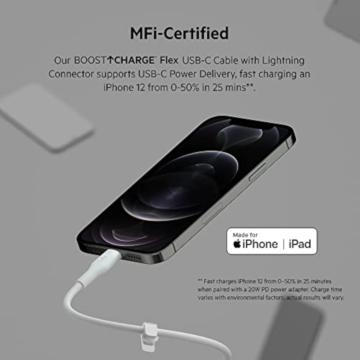 Belkin BoostCharge Flex Silicone USB-C to Lightning Cable (2M/6.6FT), MFi-Certified Charging Cable for iPhone Series with Cable Clip - White
