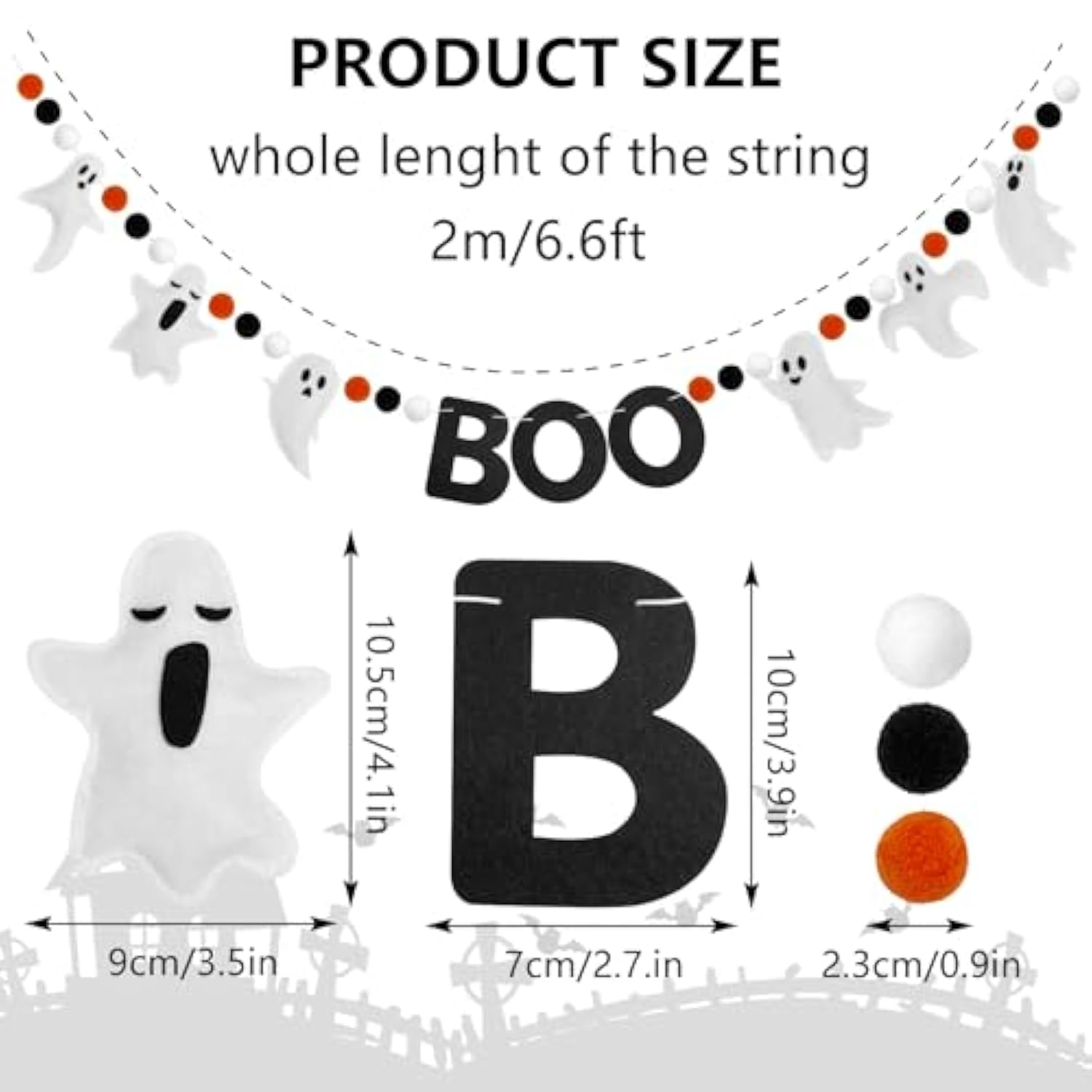 6.6Ft Ghost Garland Halloween Felt Boo Banner Home Mantel Wall Window Party Decor