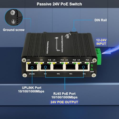 Industrial 5 Ports Gigabit 24V Passive Poe Switch Support Dc12V-24V Input To 24V Poe Output, 4 X 24V/18W Poe Ports@72W, Ip40, Compact Poe Power For Solar Power/Rv Truck/Voip Systems