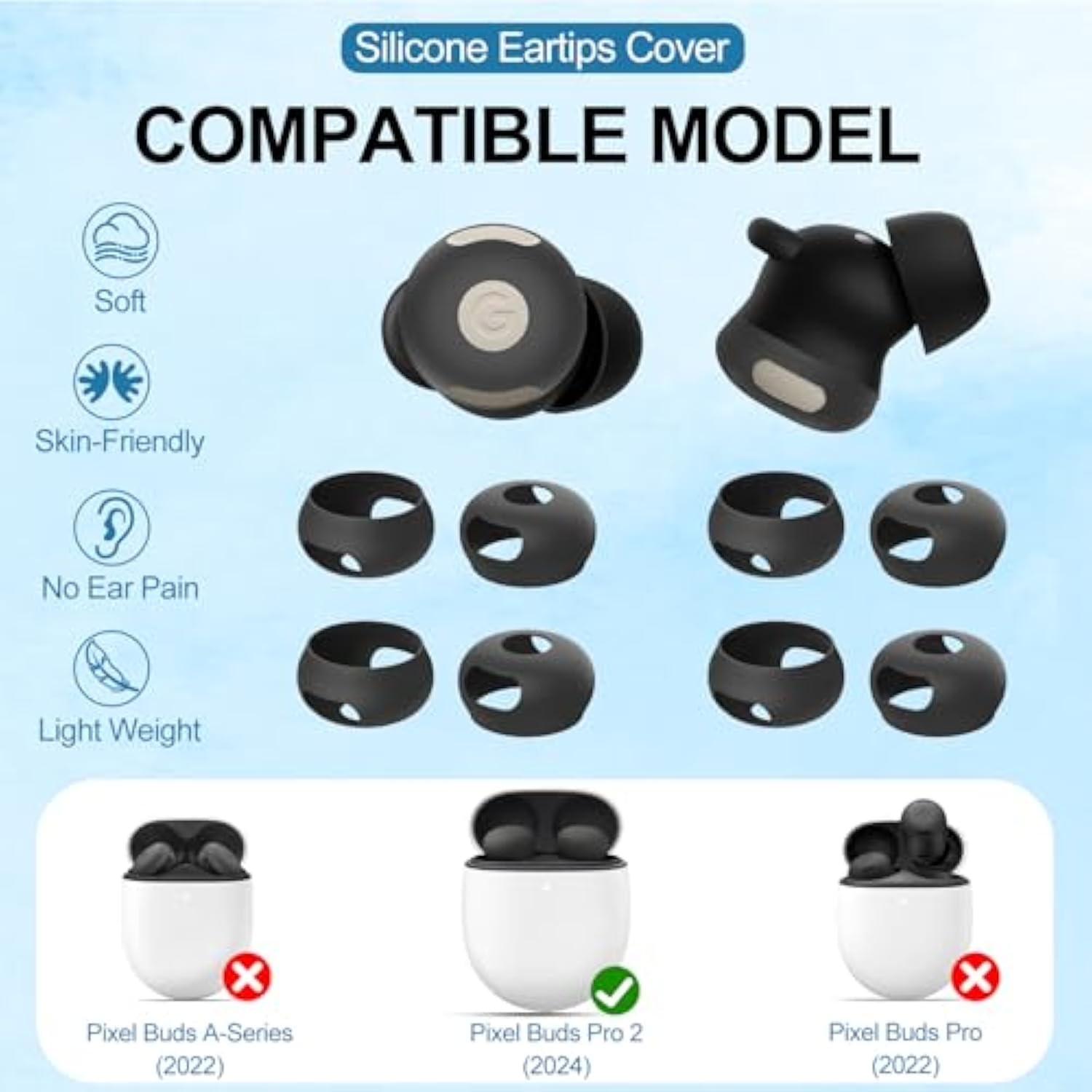 [5 Pairs] Eartips For Google Pixel Buds Pro 2 (2024), Silicone Sport Ear Tips, Anti-Slip Replacement Eartips Kit For Pixel Buds Pro 2, Fit In The Charging Case (Black*5)