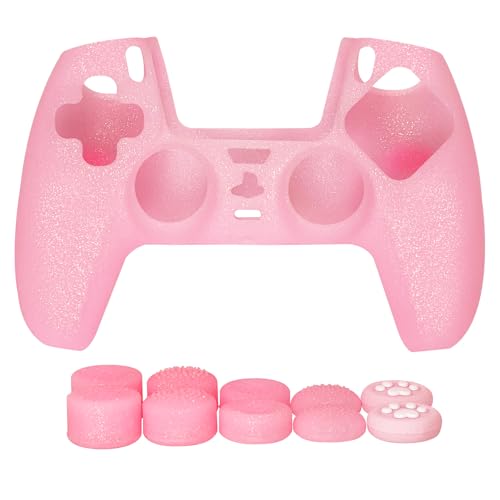 Pink Glitter Anti-Slip Protective Silicone Cover Skin Grips Compatible with PS5/Slim/Pro Controller,8 PCS Glitter Thumb Grips Caps and 2 Grips Caps.